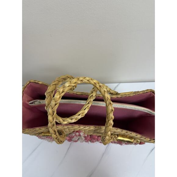 Mantessa Woven Straw Raffia Flower Tote Bag Pink White Boho Cottagecore - Picture 12 of 13